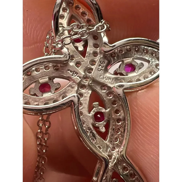 Lab ruby and CZ cross pendant and chain in rhodium over sterling silver - Picture 11 of 11